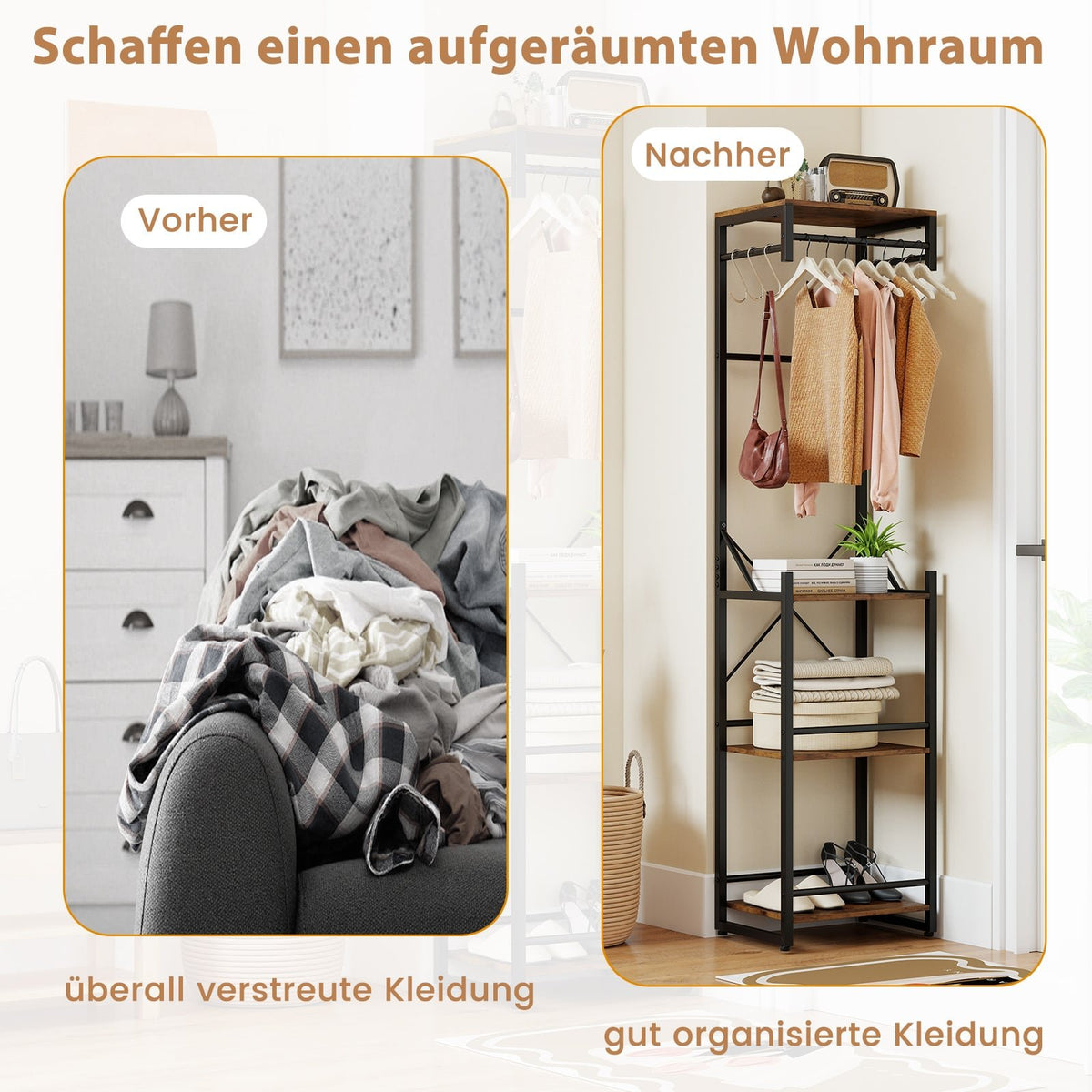 Freestanding Coat Rack with Shelves and Hooks, Brown