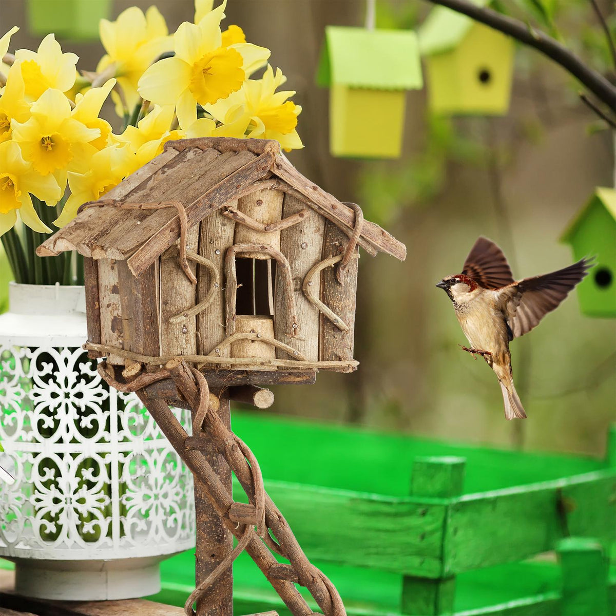 Freestanding Decorative Bird House – Rustic Wood Design