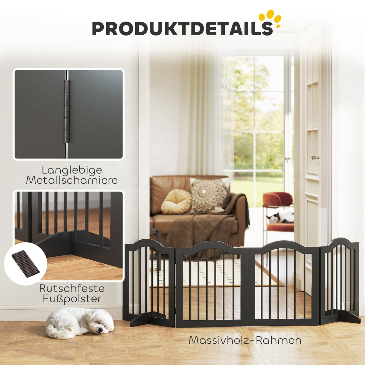 Freestanding Dog Gate, Foldable, 4 Panels, 208x29.5x61 cm, Black