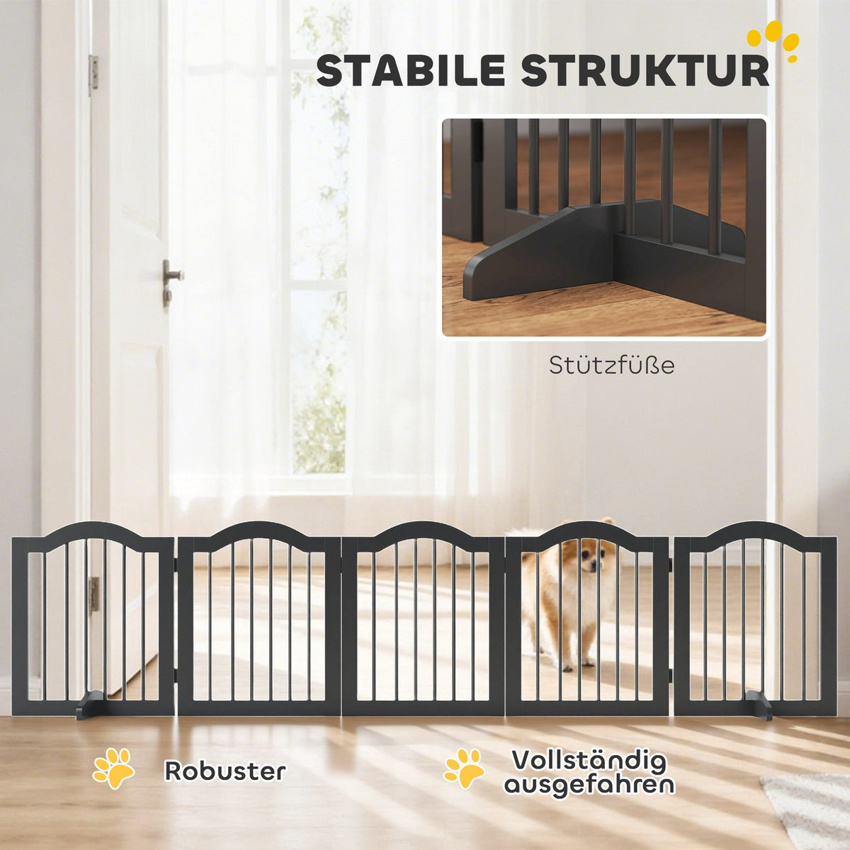 Freestanding Dog Gate, Foldable, 5 Panels, Black, 261.5x29.5x61 cm