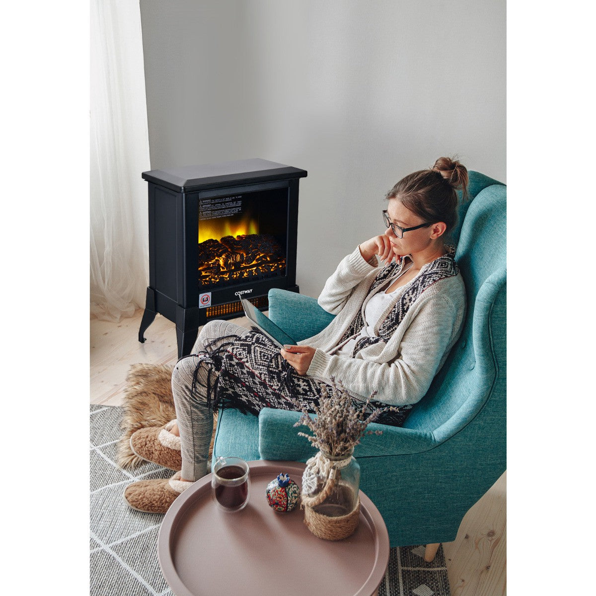 Freestanding Electric Fireplace Heater 1400W, Flame Effect