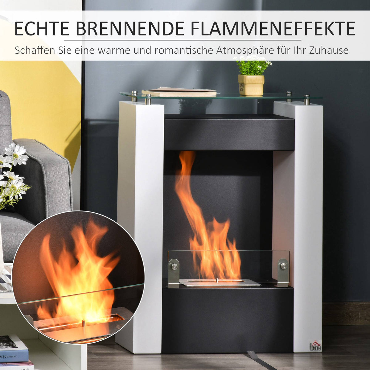 Freestanding Ethanol Fireplace, 1.5L, White/Black