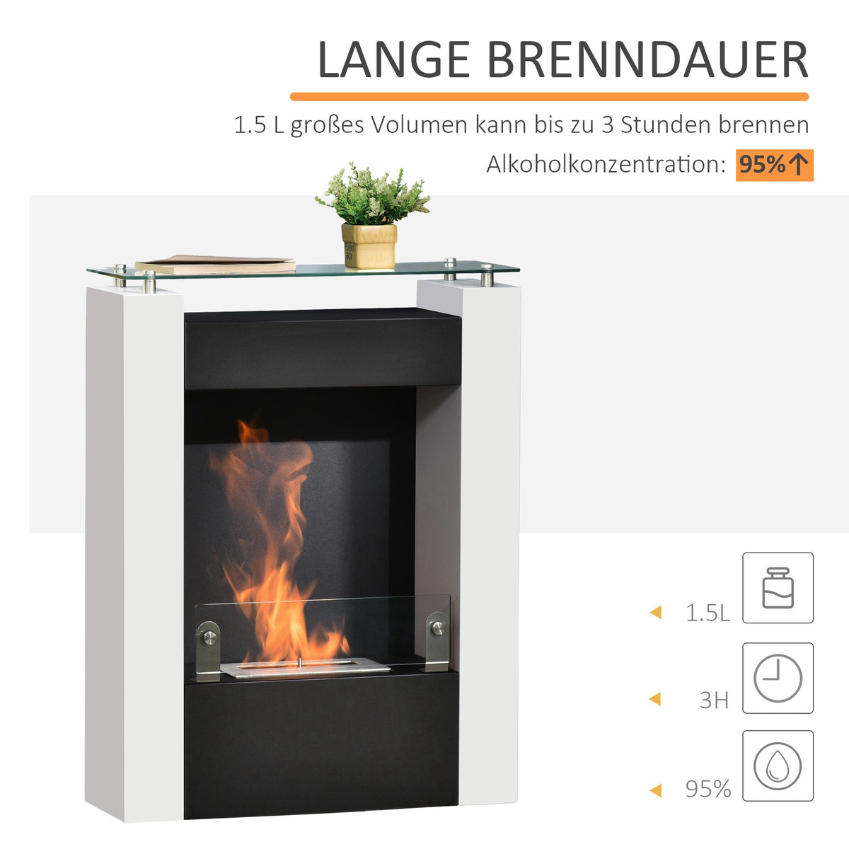 Freestanding Ethanol Fireplace, 1.5L, White/Black