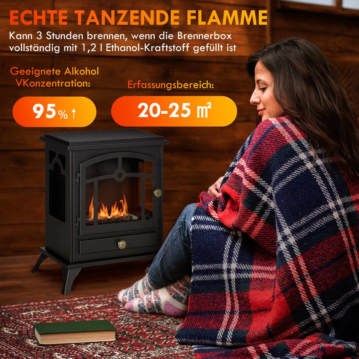 Freestanding Ethanol Fireplace, Black, 3h Burn Time