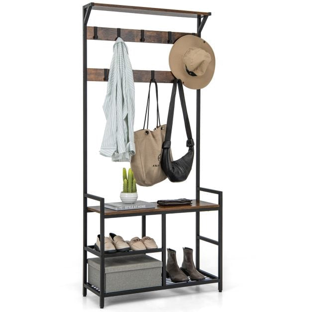 Freestanding Hall Tree with Shoe Bench, 9 Removable Hooks