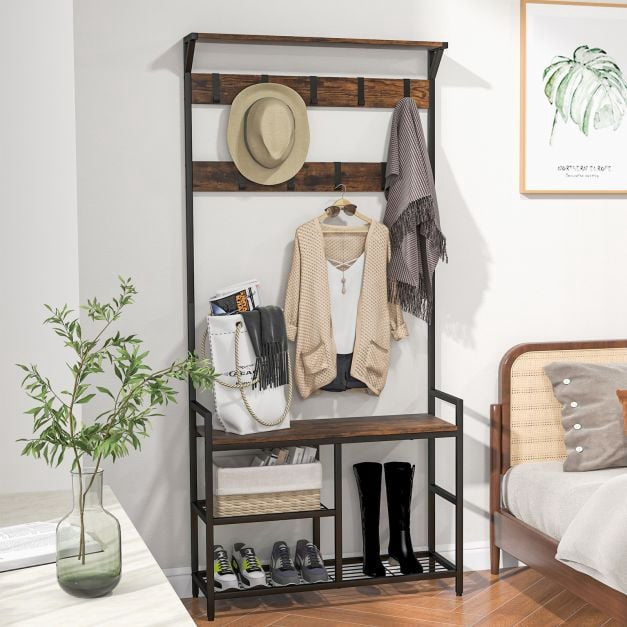 Freestanding Hall Tree with Shoe Bench, 9 Removable Hooks