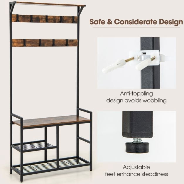 Freestanding Hall Tree with Shoe Bench, 9 Removable Hooks
