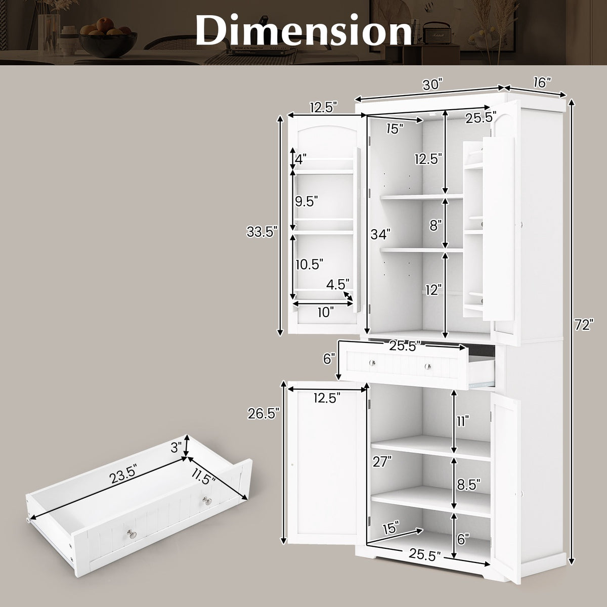 Freestanding Kitchen Pantry Cabinet, 72 Inch, 4 Door, Drawer