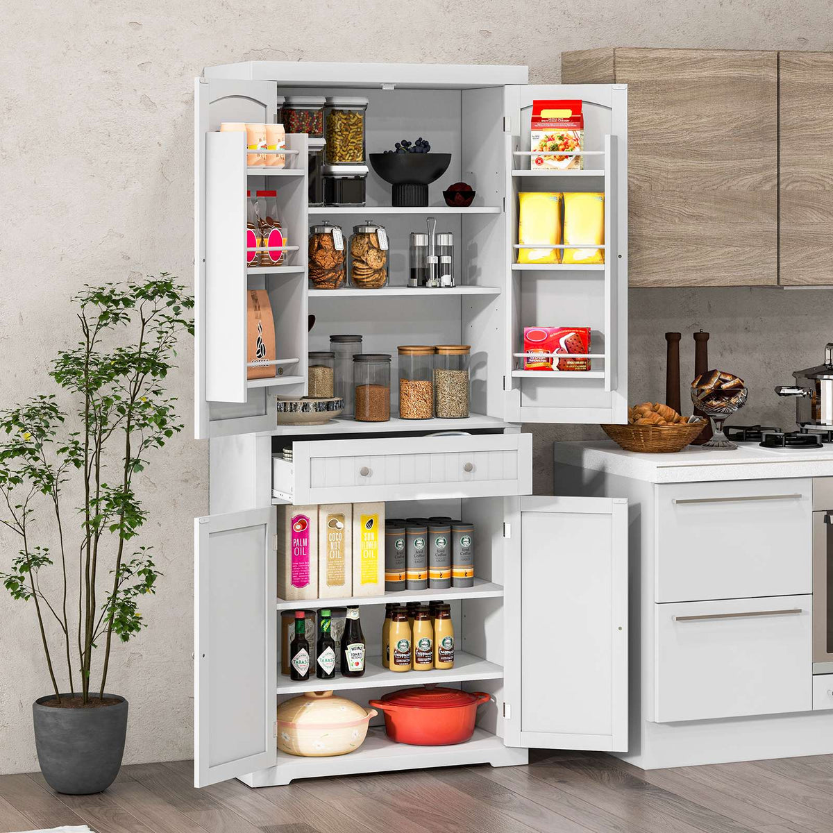 Freestanding Kitchen Pantry Cabinet, 72 Inch, 4 Door, Drawer
