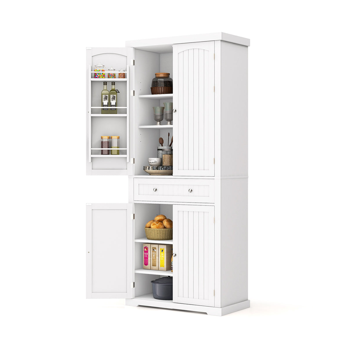 Freestanding Kitchen Pantry Cabinet, 72 Inch, 4 Door, Drawer