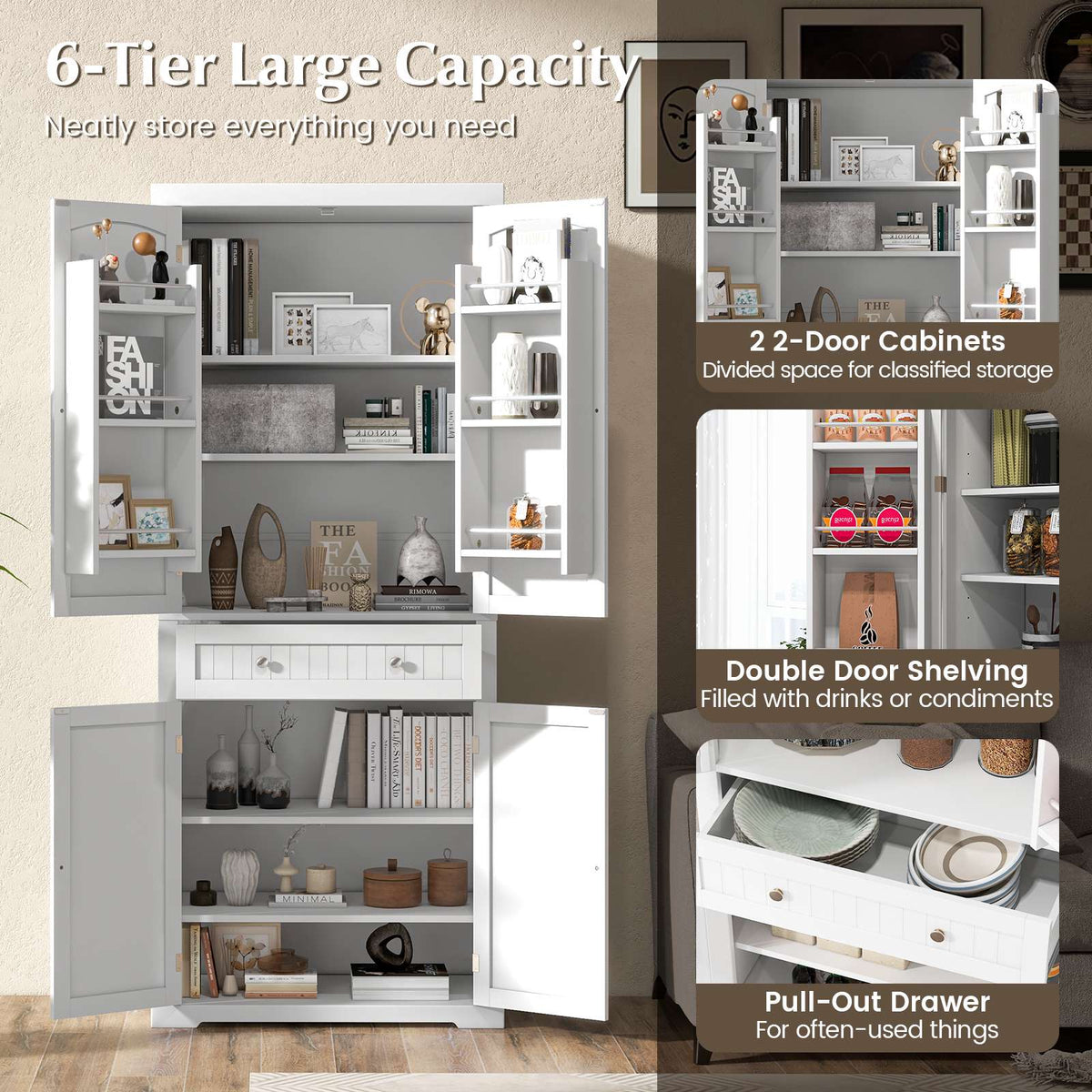 Freestanding Kitchen Pantry Cabinet, 72 Inch, 4 Door, Drawer