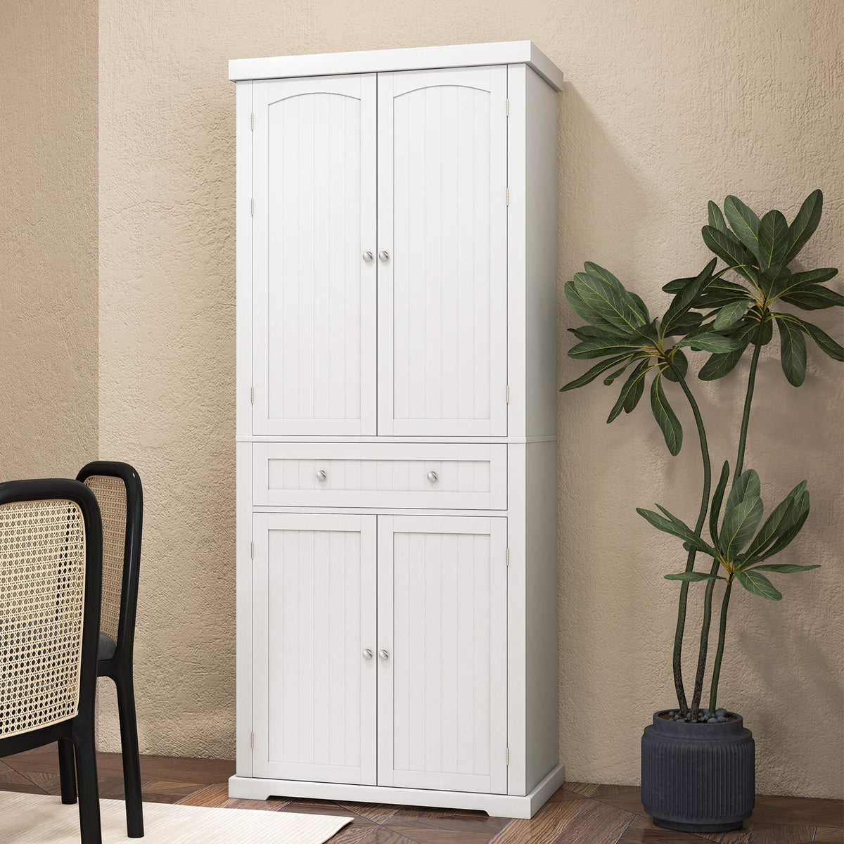 Freestanding Kitchen Pantry Cabinet, 72 Inch, 4 Door, Drawer