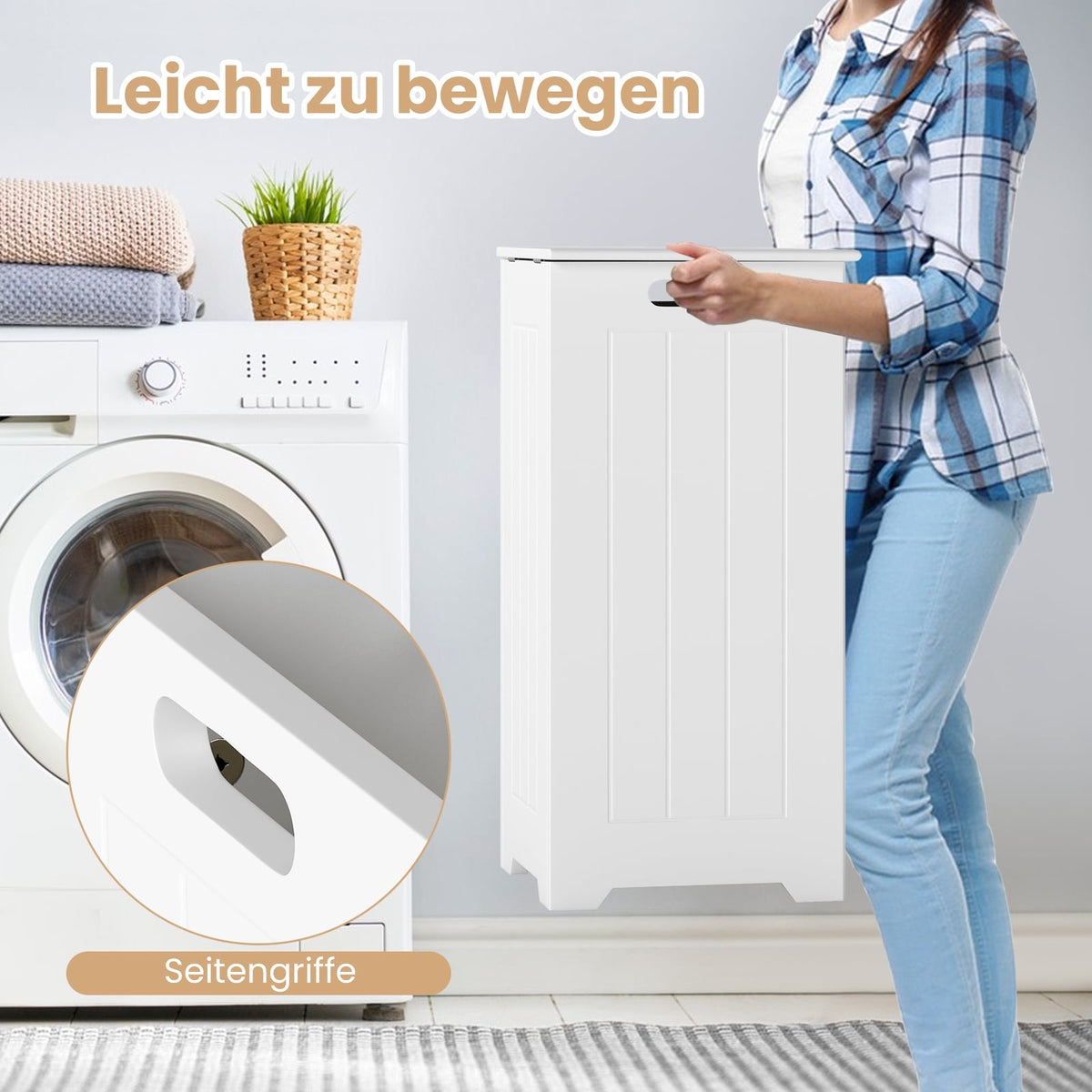 Freestanding Laundry Cabinet with Lid and Bag, White