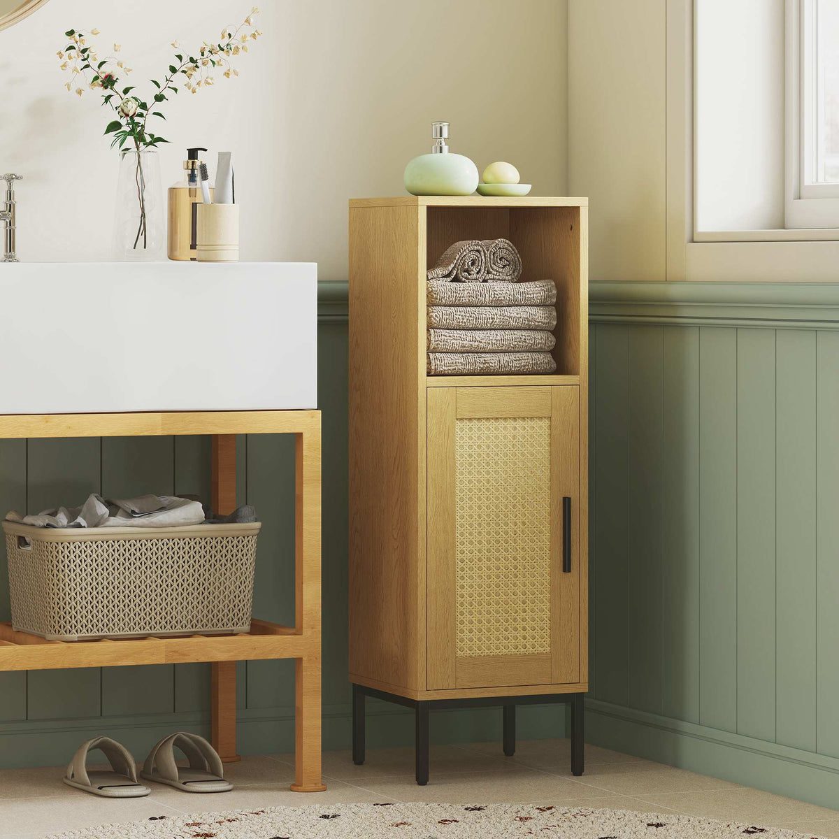 Freestanding Narrow Bathroom Cabinet, Adjustable Shelf, Natural