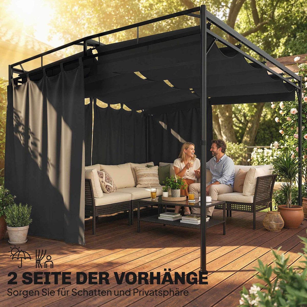Freestanding Pergola 3x3m with Adjustable Canopy and Curtains