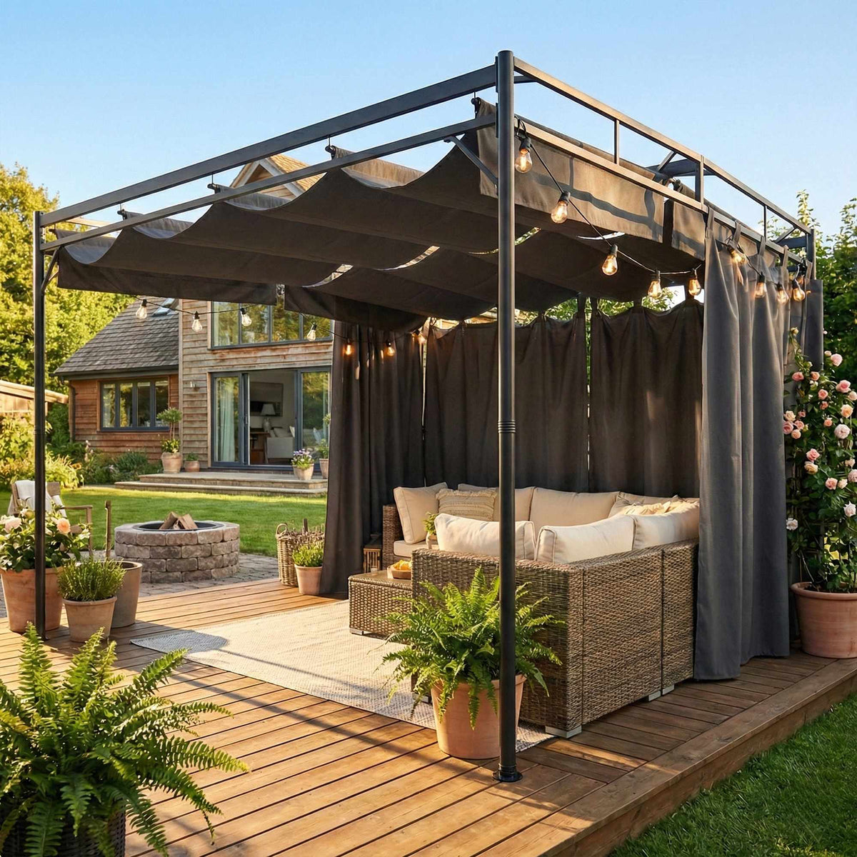 Freestanding Pergola 3x3m with Adjustable Canopy and Curtains