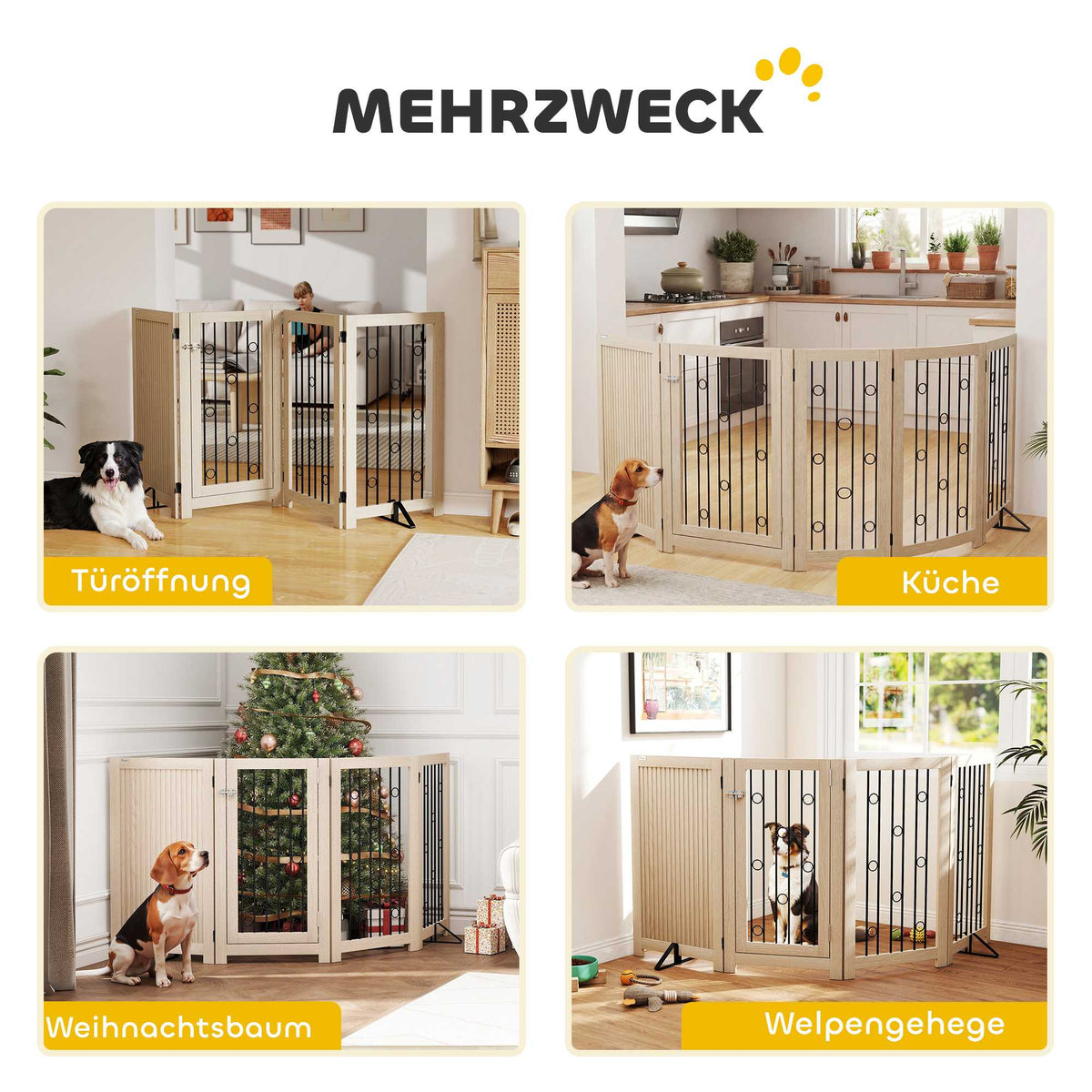 Freestanding Pet Gate with Door, 4 Panels, MDF and Steel