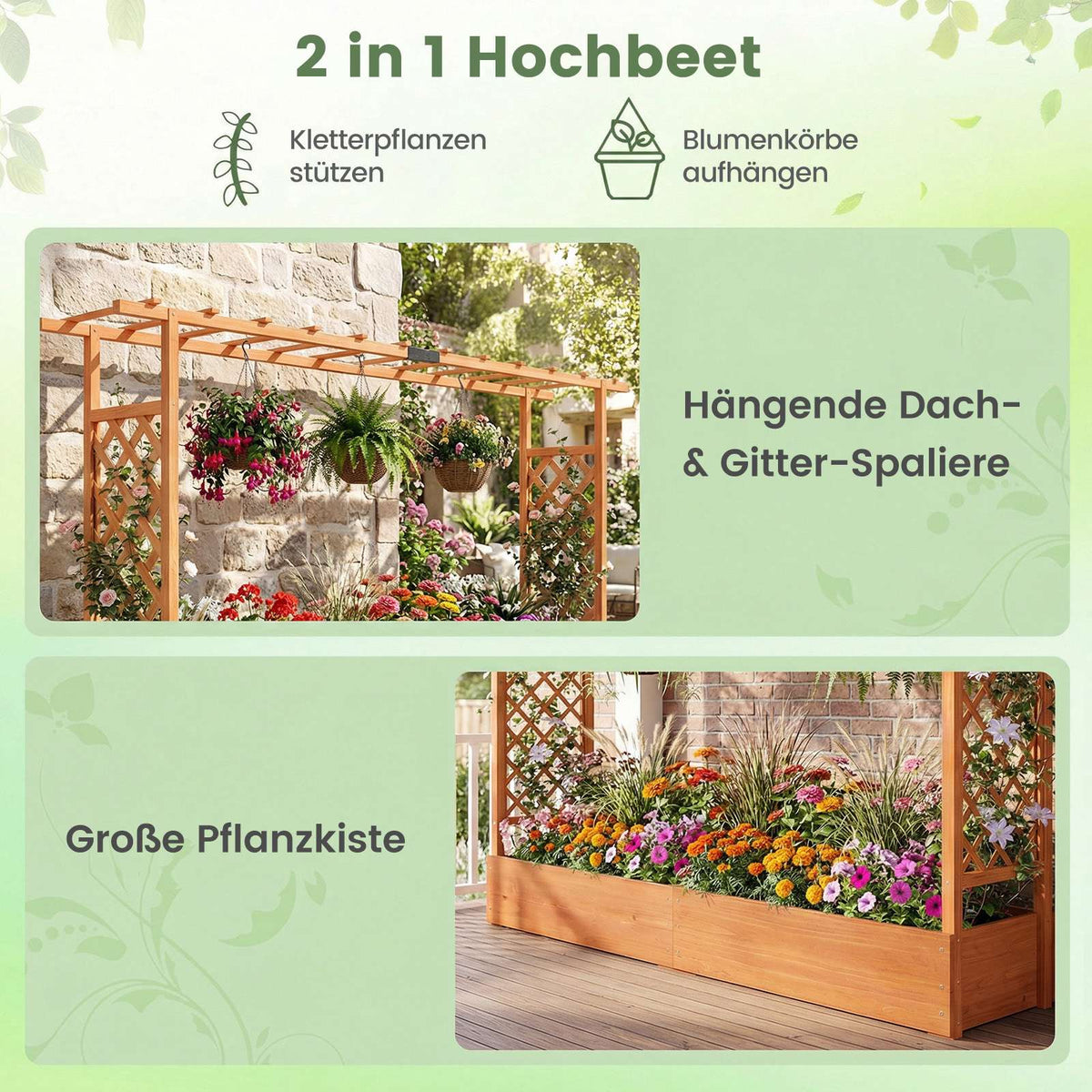 Freestanding Raised Garden Bed with Trellis, Spruce Wood, 220x35x114 cm