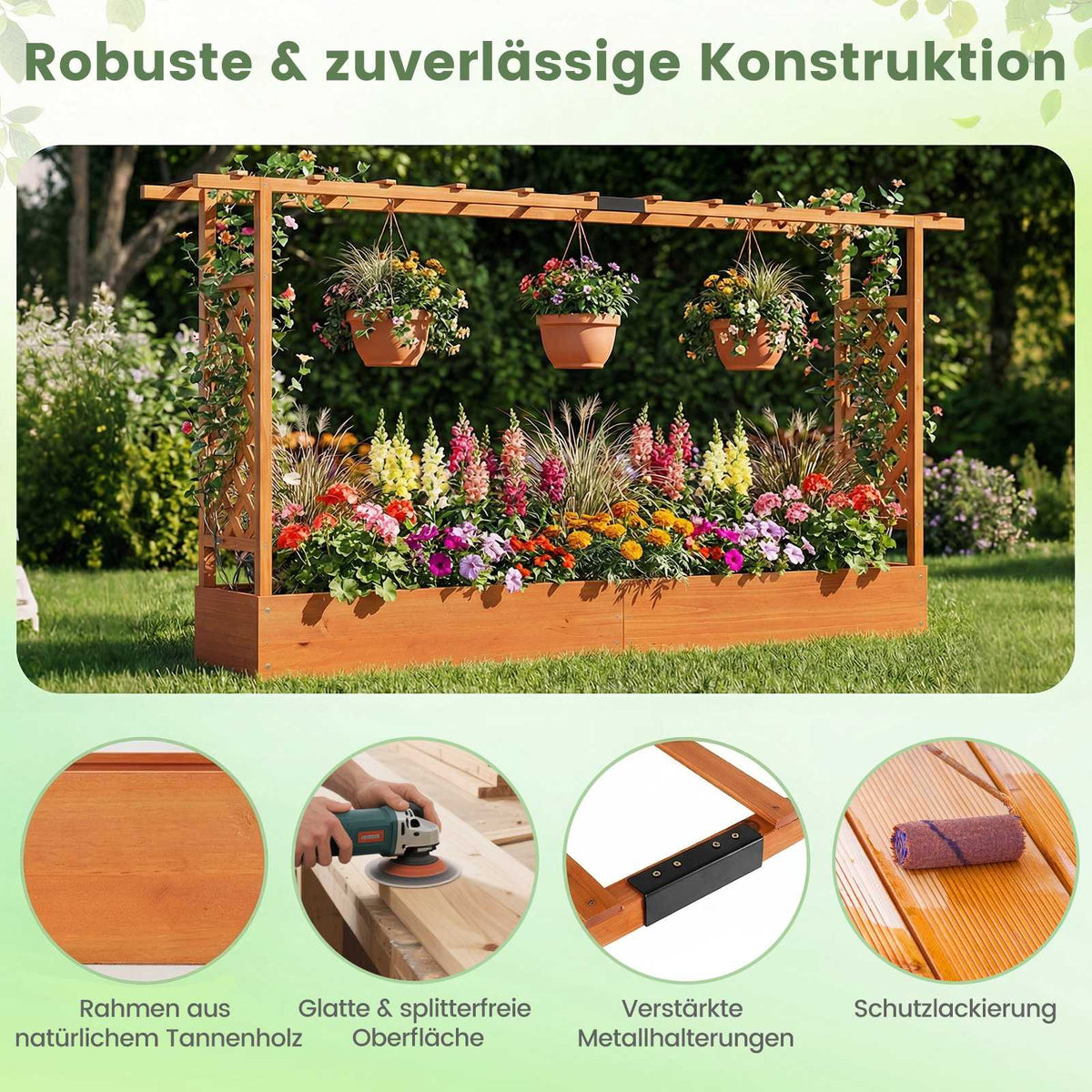 Freestanding Raised Garden Bed with Trellis, Spruce Wood, 220x35x114 cm