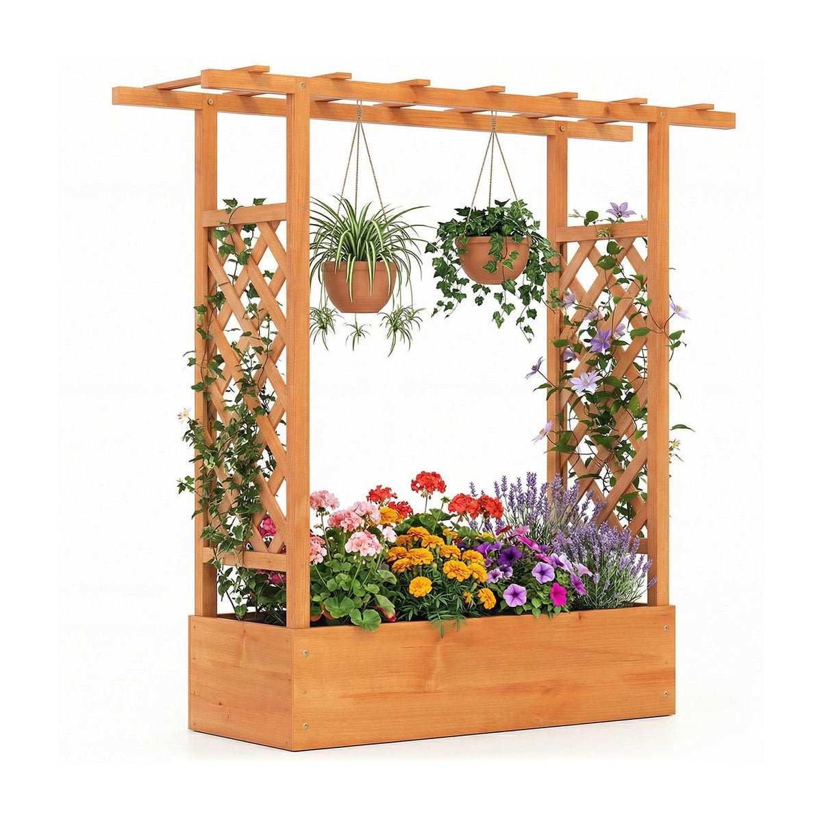 Freestanding Raised Garden Bed with Trellis, Spruce Wood