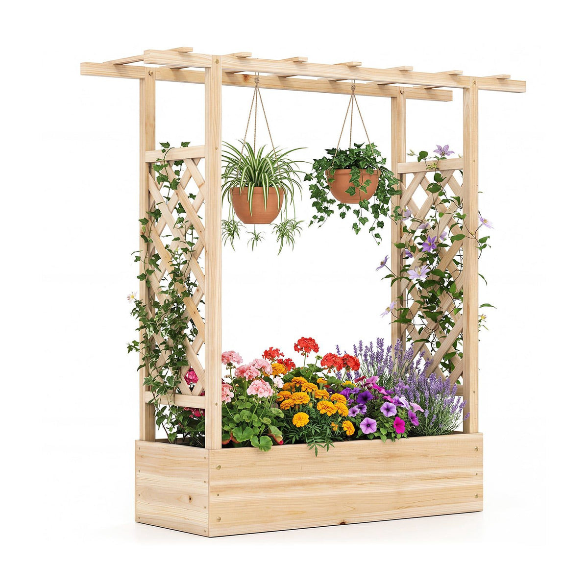 Freestanding Raised Garden Bed with Trellis and Roof, Spruce Wood