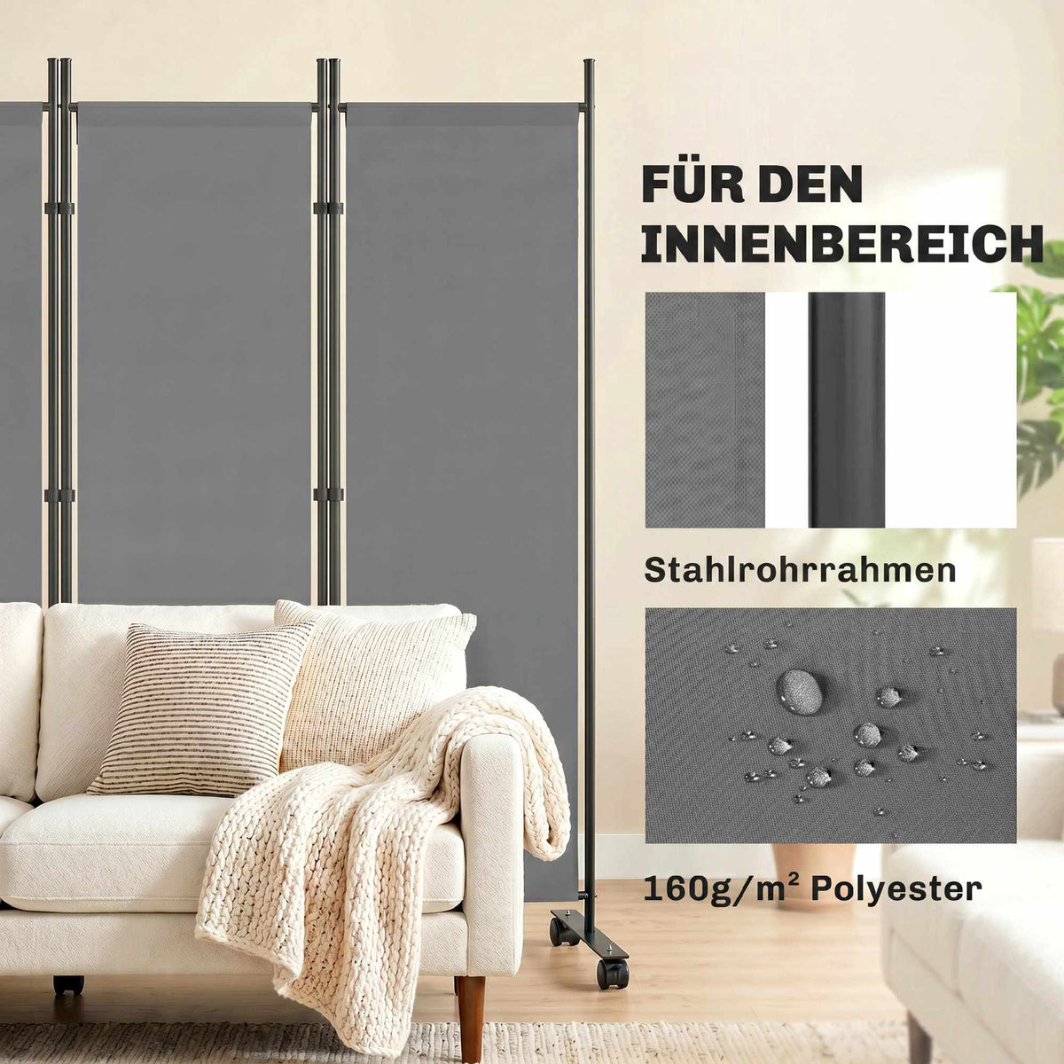 Freestanding Room Divider, 5 Panels, Dark Grey, 252 x 40 cm
