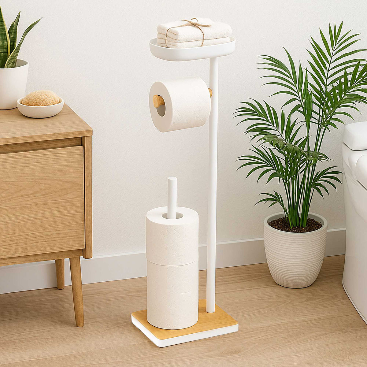 Freestanding Toilet Paper Holder With Shelf, Holds 3 Rolls