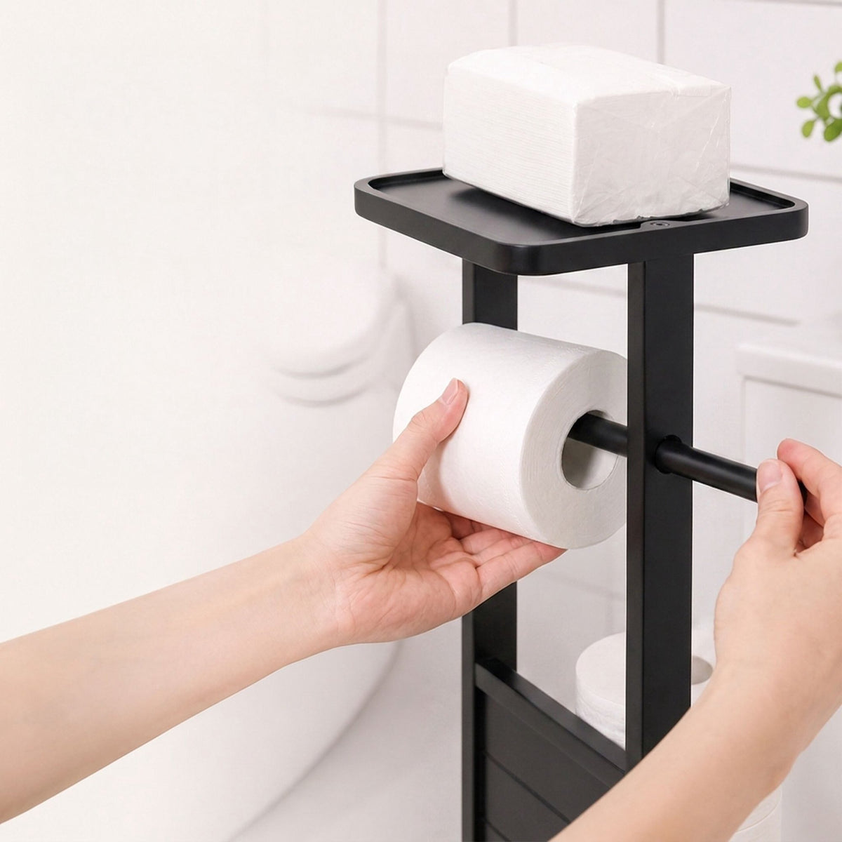 Freestanding Toilet Roll Holder with Shelf – Black