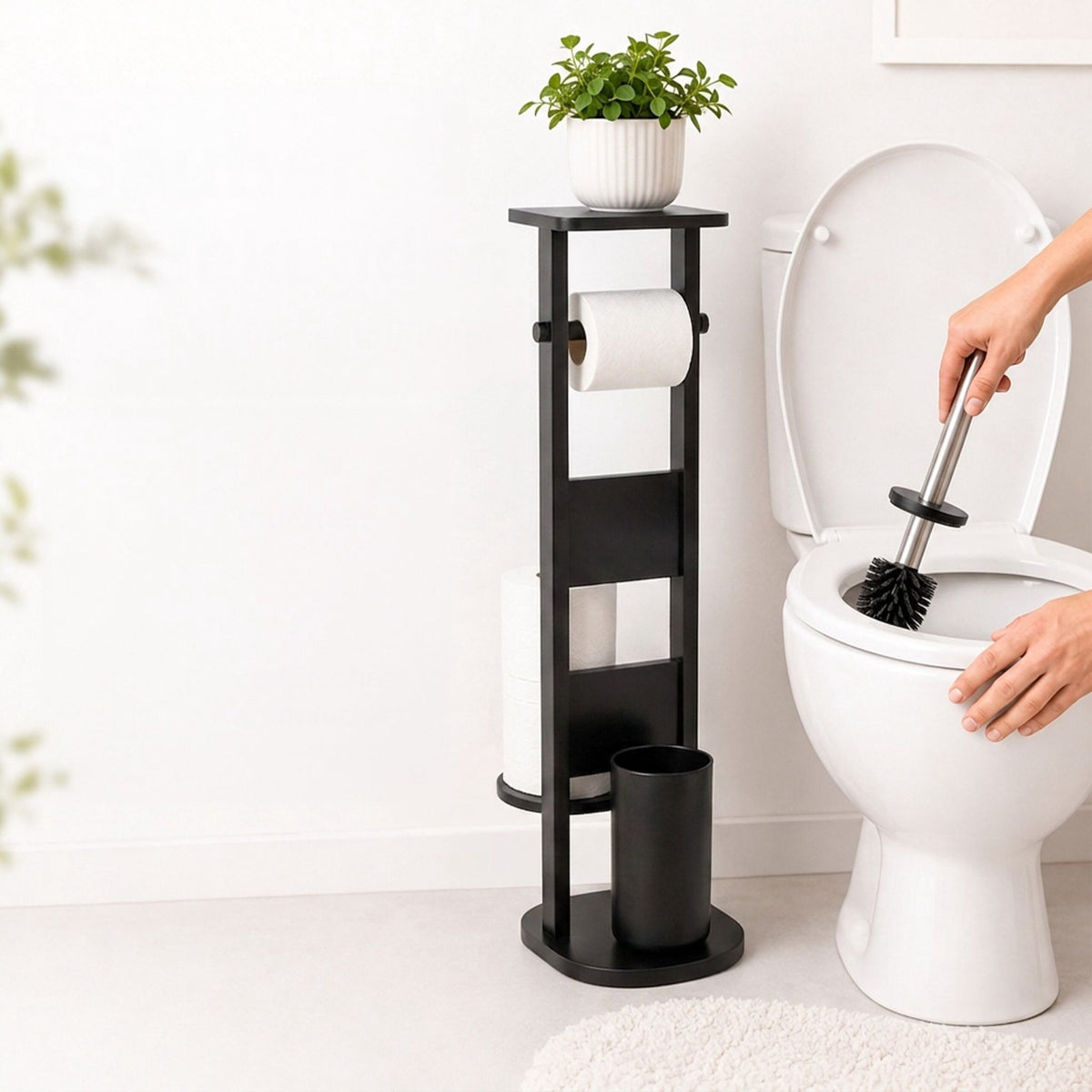 Freestanding Toilet Roll Holder with Shelf – Black
