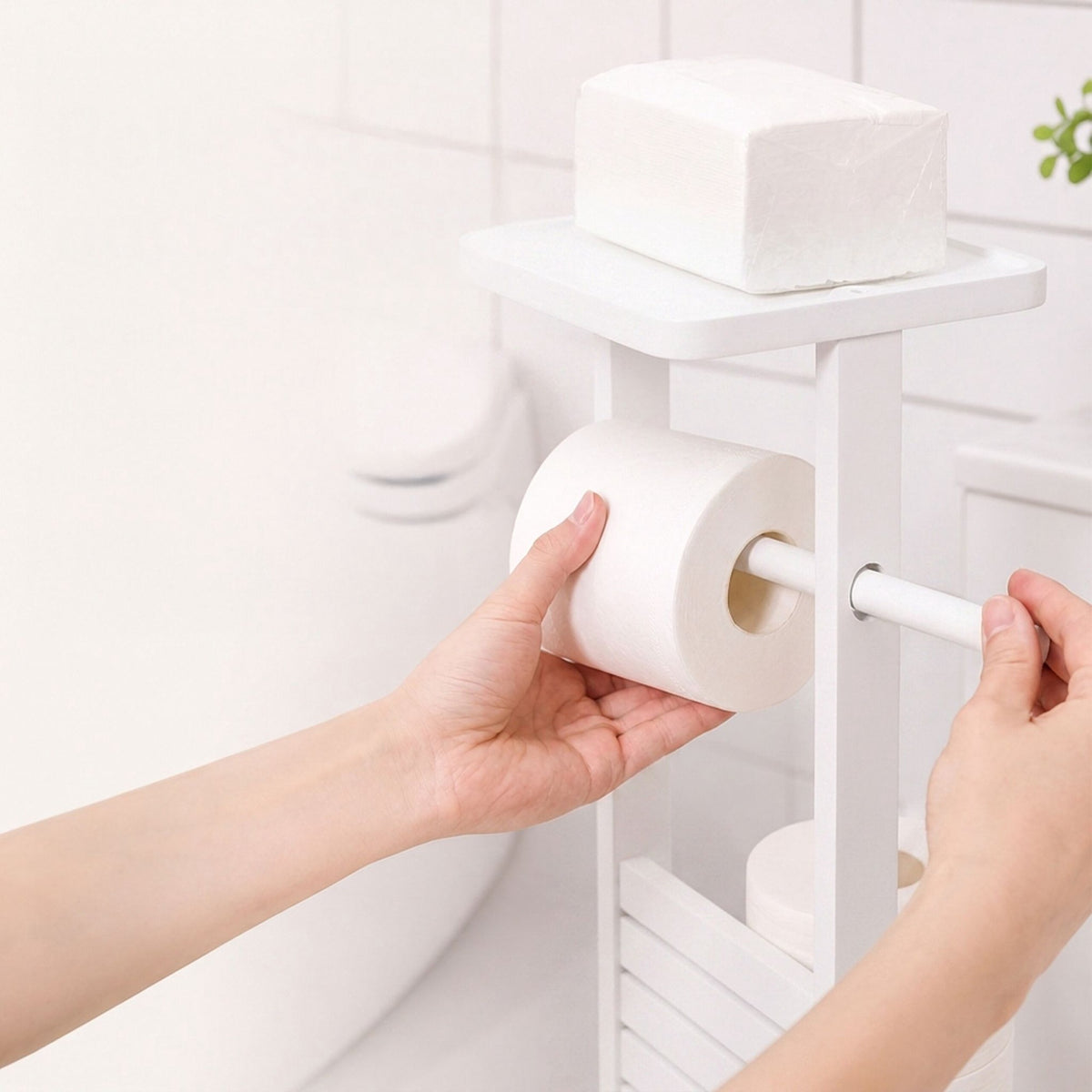 Freestanding Toilet Roll Holder with Shelf – White