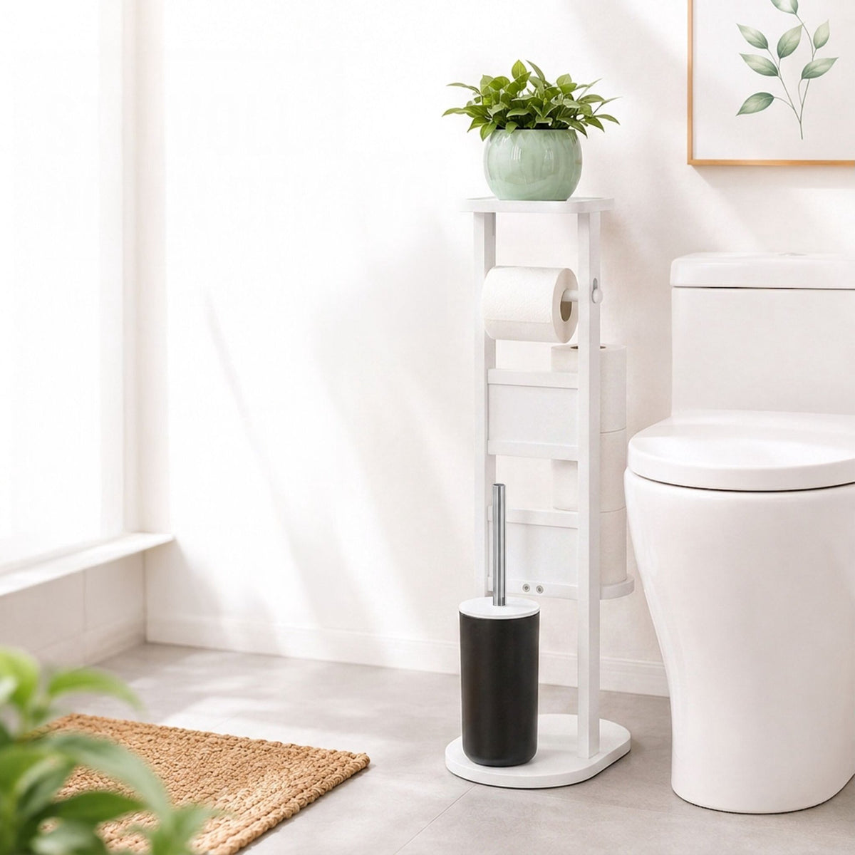 Freestanding Toilet Roll Holder with Shelf – White