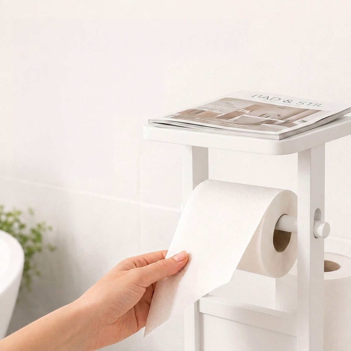 Freestanding Toilet Roll Holder with Shelf – White