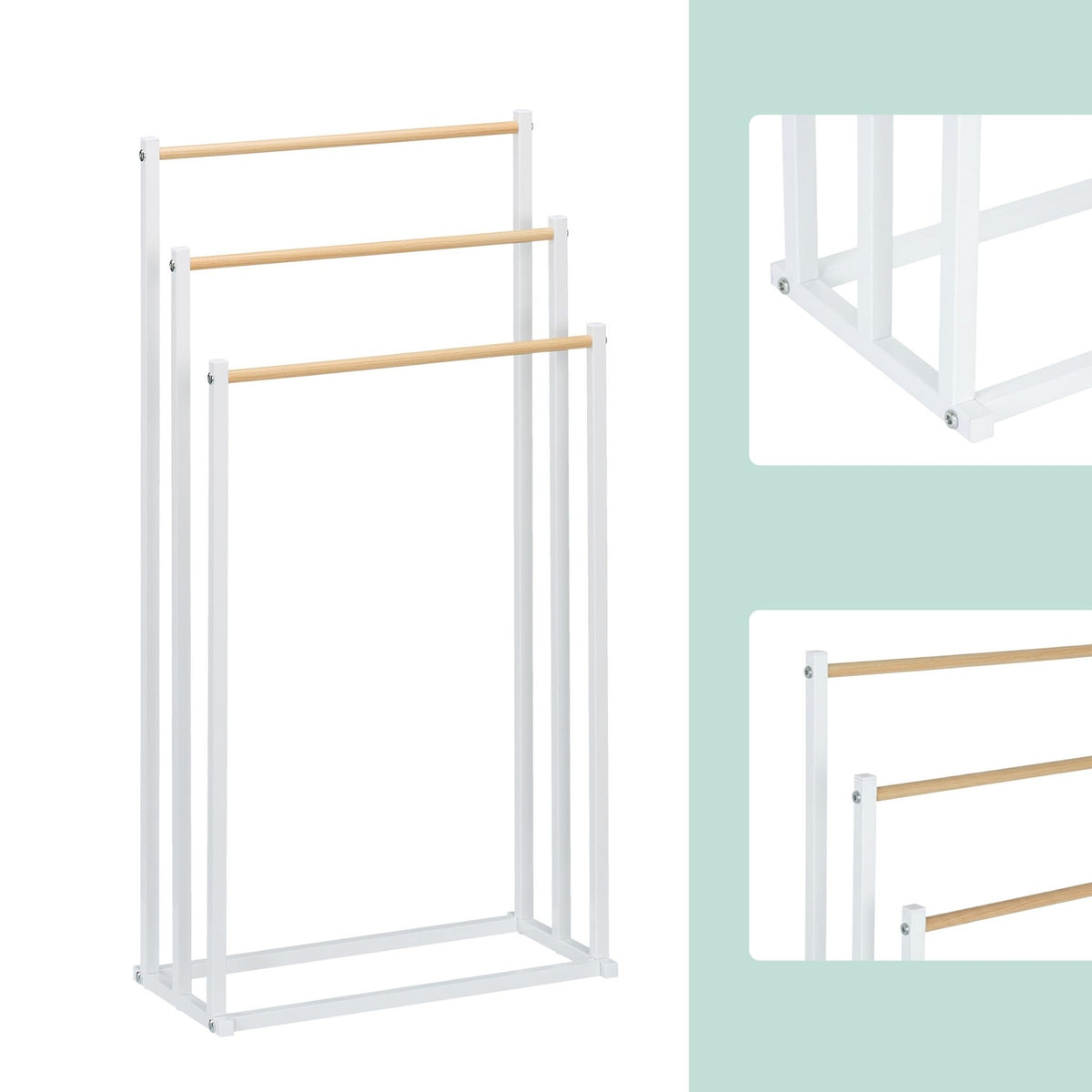 Freestanding Towel Rack, 3 Rails, Metal/Wood Finish