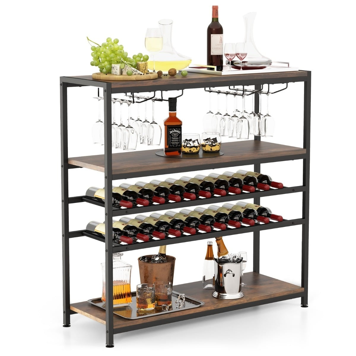 Freestanding Wine Rack with Glass Holder, Rustic Brown