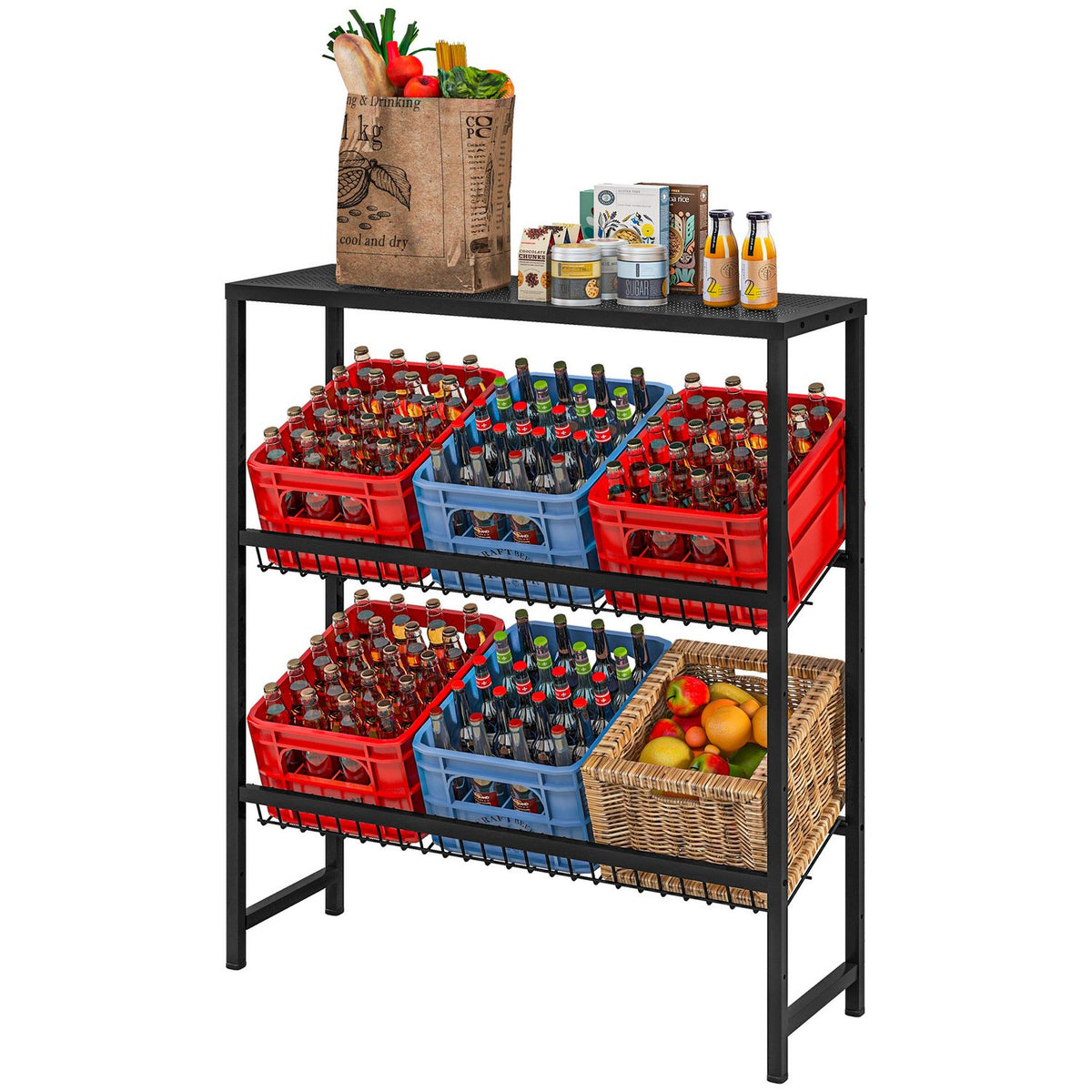 Freestanding drinks crate rack for 6 crates, adjustable shelf height, 3 levels, non-slip, 103 x 33 x 113.5 cm, black steel