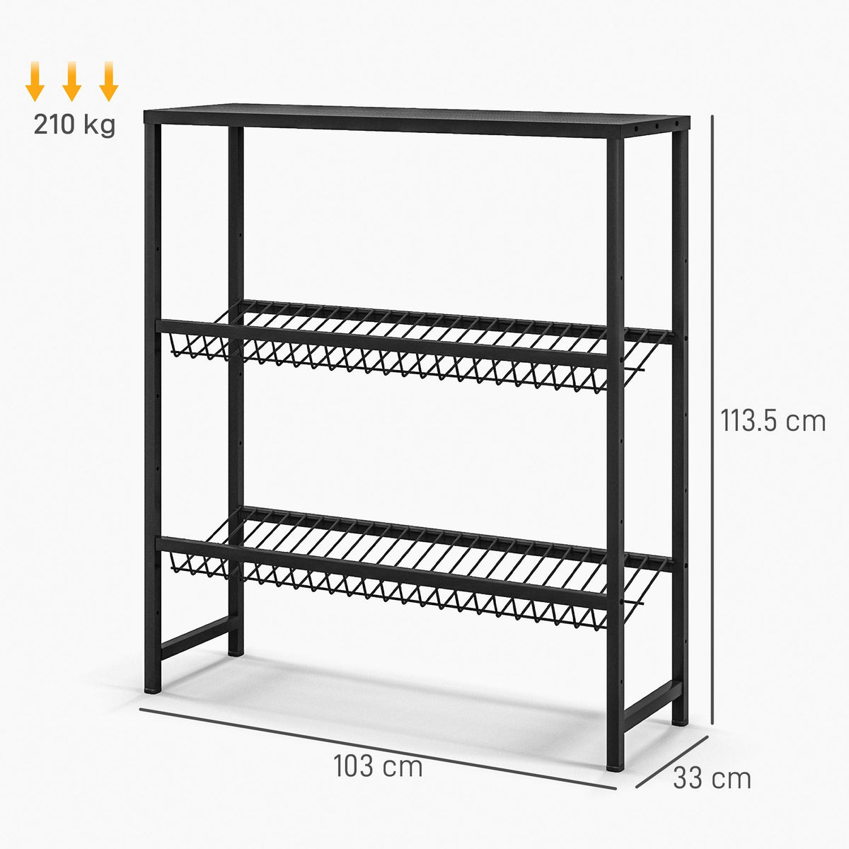 Freestanding drinks crate rack for 6 crates, adjustable shelf height, 3 levels, non-slip, 103 x 33 x 113.5 cm, black steel