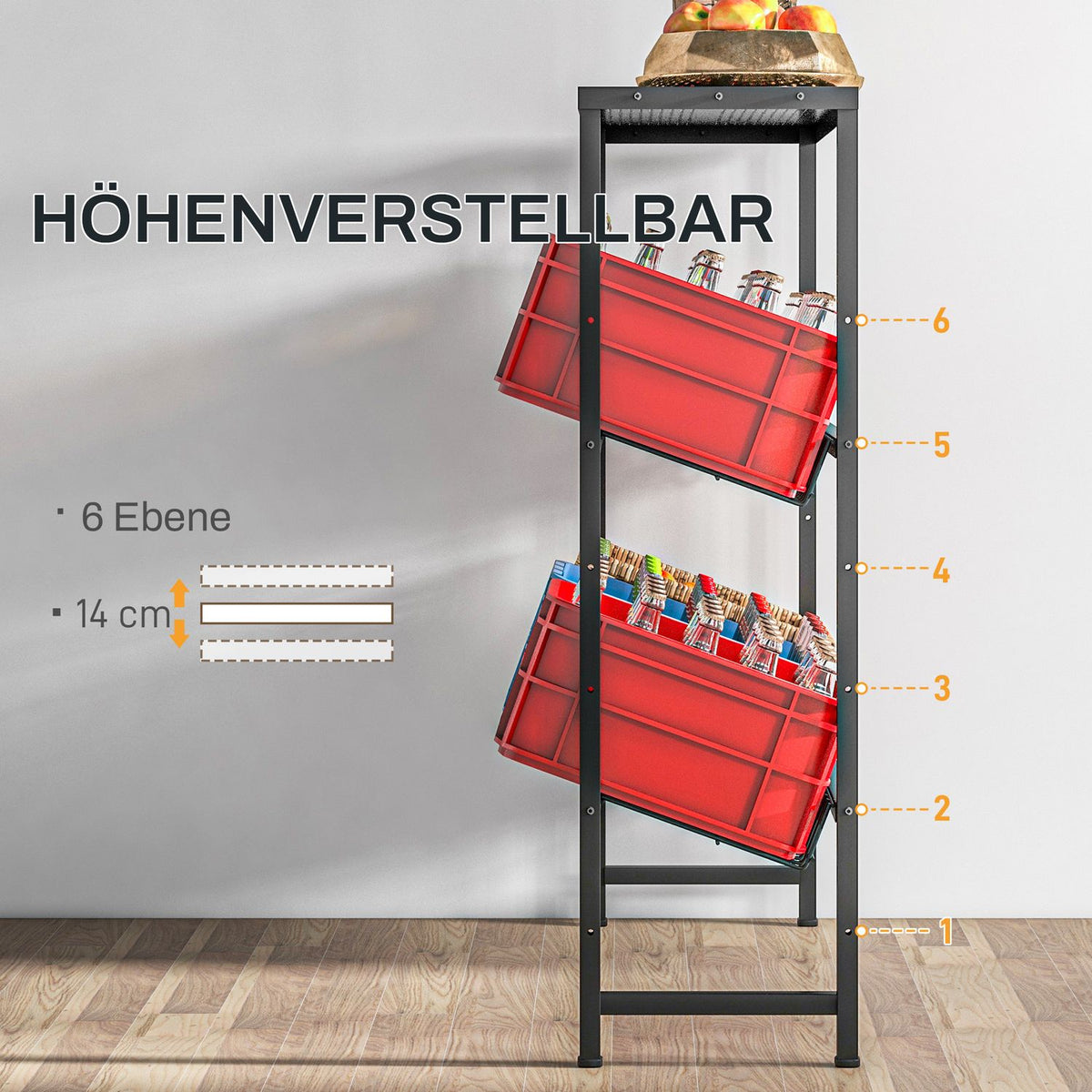 Freestanding drinks crate rack for 6 crates, adjustable shelf height, 3 levels, non-slip, 103 x 33 x 113.5 cm, black steel
