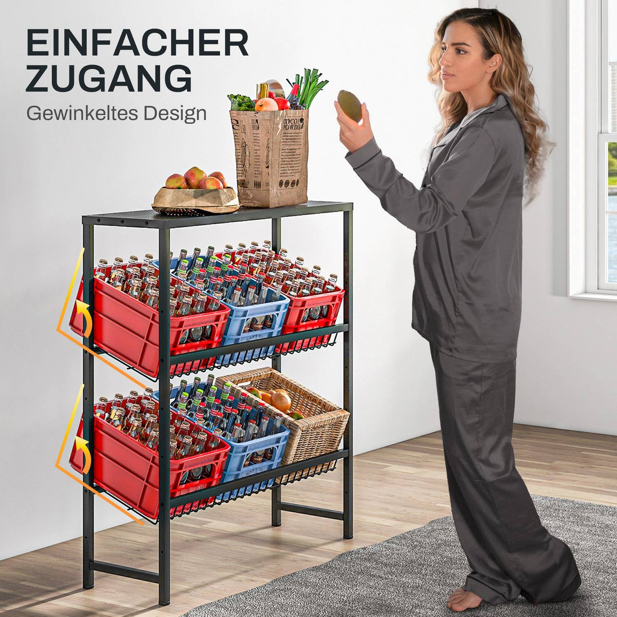 Freestanding drinks crate rack for 6 crates, adjustable shelf height, 3 levels, non-slip, 103 x 33 x 113.5 cm, black steel