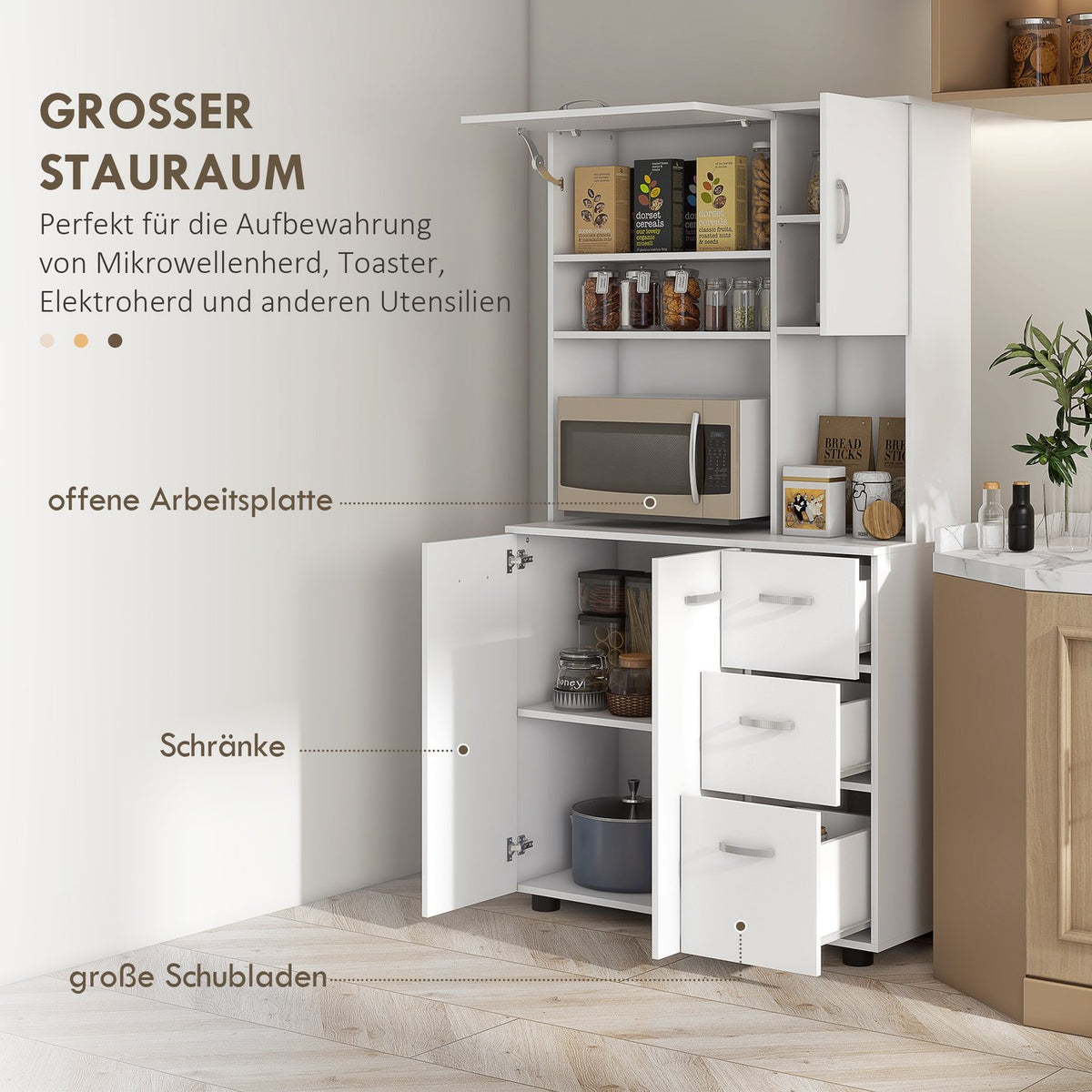 Free-standing kitchen cabinet, 89 x 39.5 x 168 cm, with anti-tip protection, drawers, shelves, doors, adjustable shelves, MDF, white