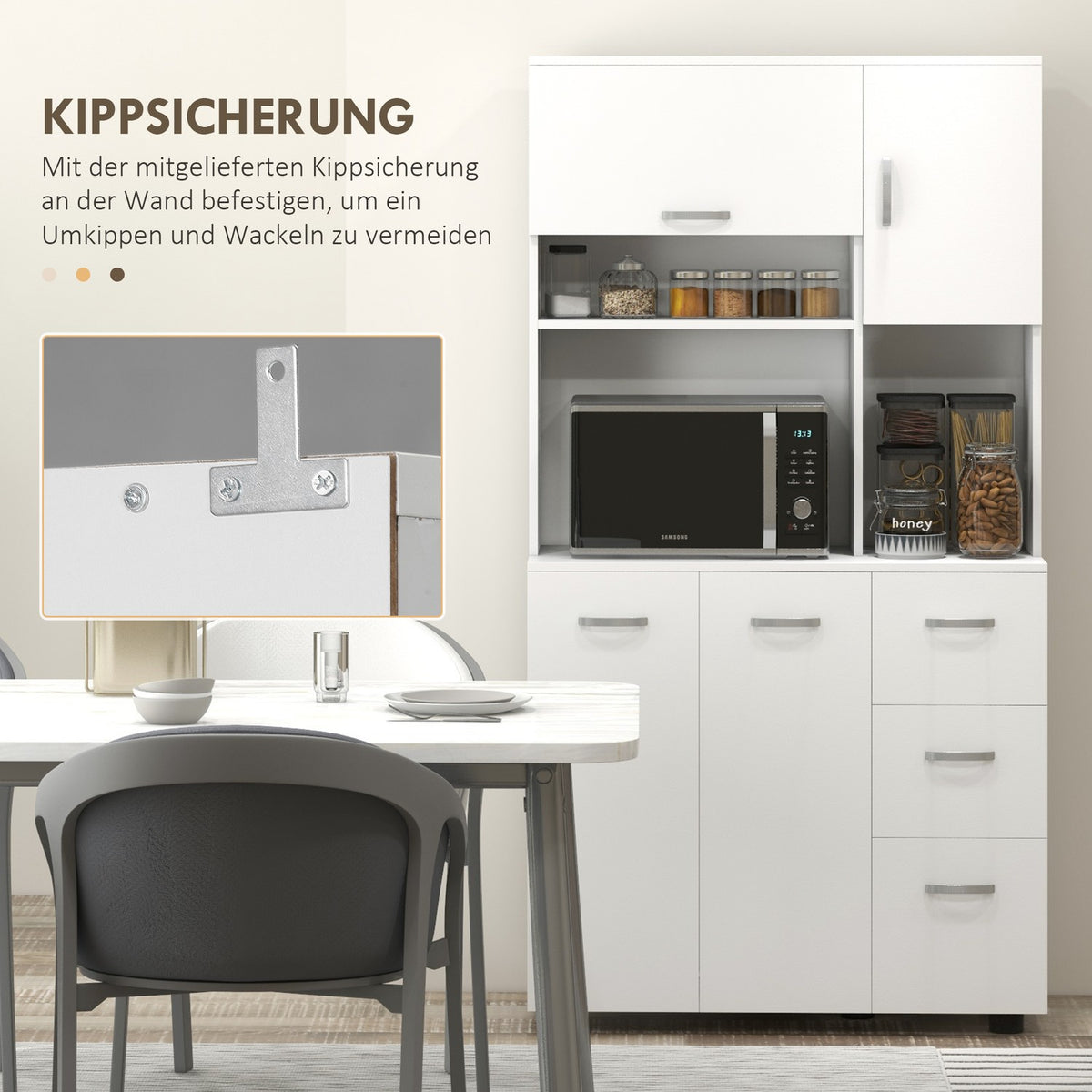Free-standing kitchen cabinet, 89 x 39.5 x 168 cm, with anti-tip protection, drawers, shelves, doors, adjustable shelves, MDF, white