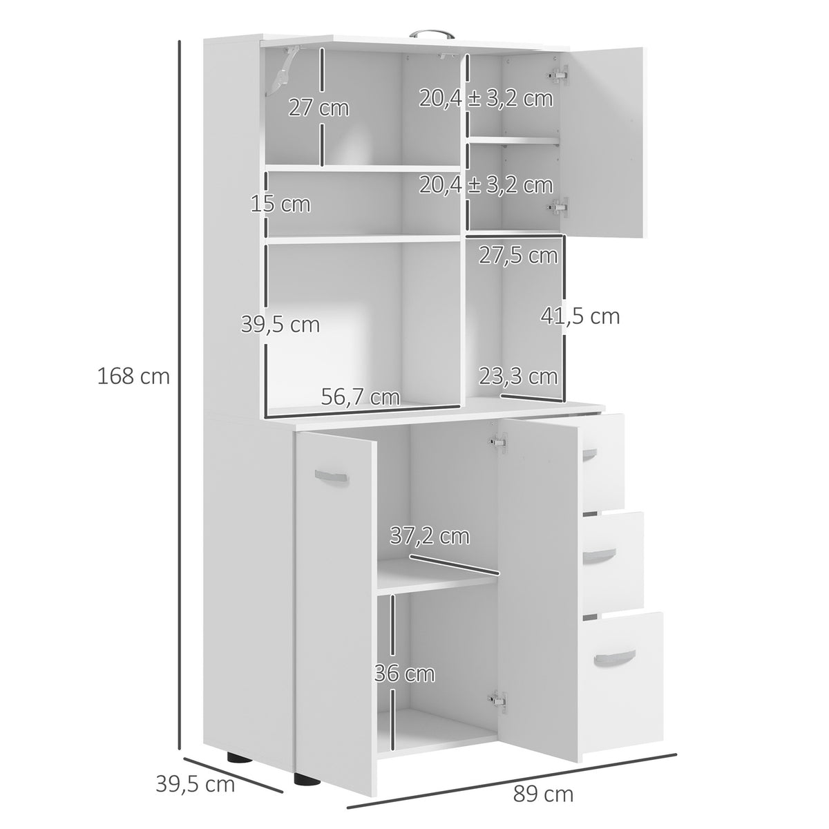 Free-standing kitchen cabinet, 89 x 39.5 x 168 cm, with anti-tip protection, drawers, shelves, doors, adjustable shelves, MDF, white