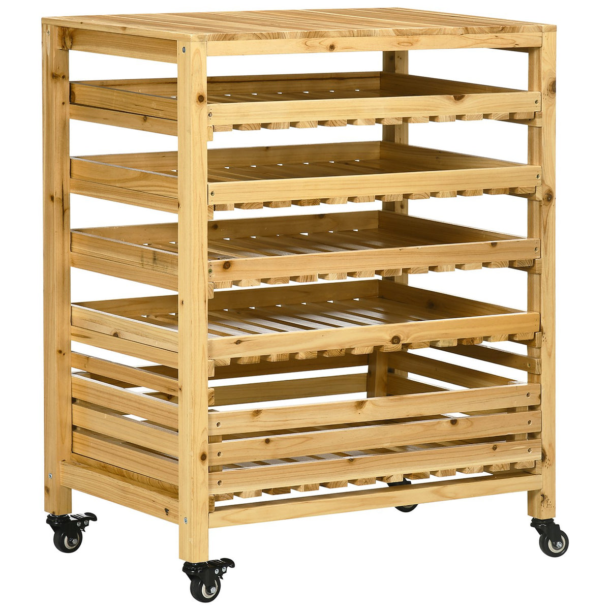 Fruit Holder With Wheels Vegetable Rack With 5 Shelves Fruit Basket Stand Vegetable Storage Trolley Up To 20Kg Natural Fir Wood