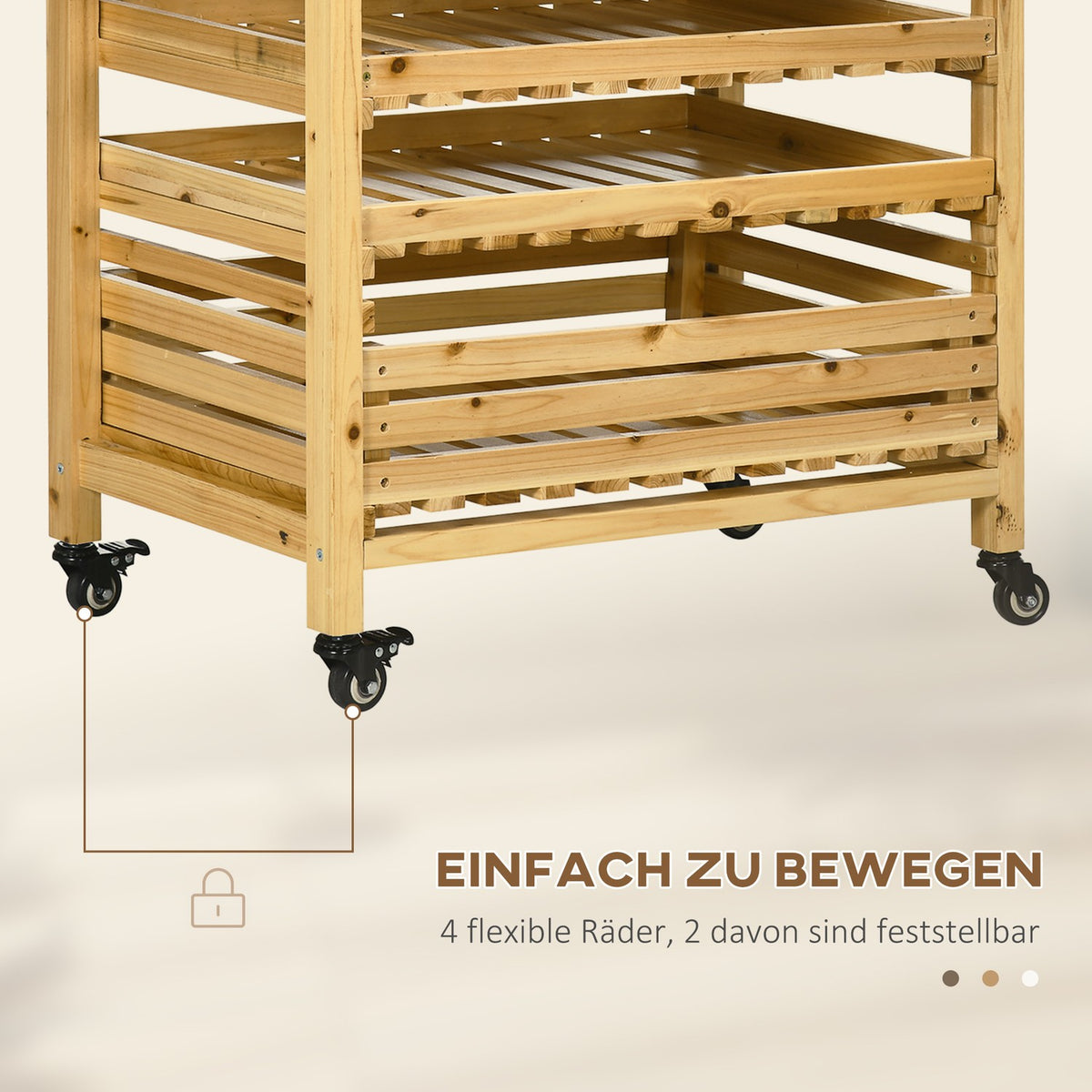 Fruit Holder With Wheels Vegetable Rack With 5 Shelves Fruit Basket Stand Vegetable Storage Trolley Up To 20Kg Natural Fir Wood