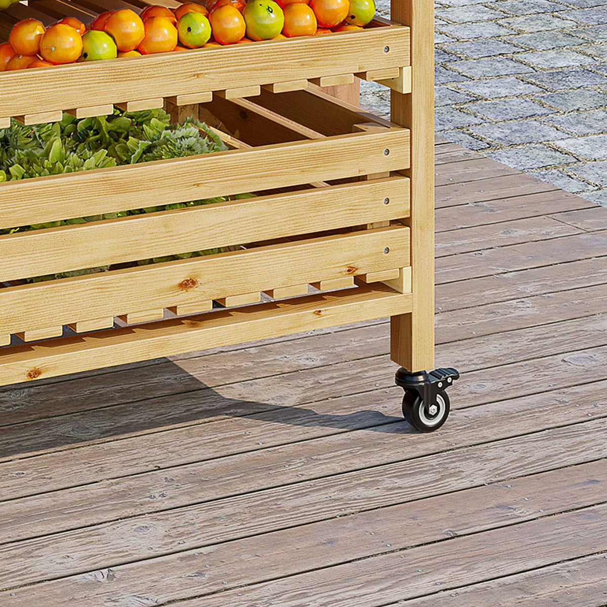 Fruit Holder With Wheels Vegetable Rack With 5 Shelves Fruit Basket Stand Vegetable Storage Trolley Up To 20Kg Natural Fir Wood