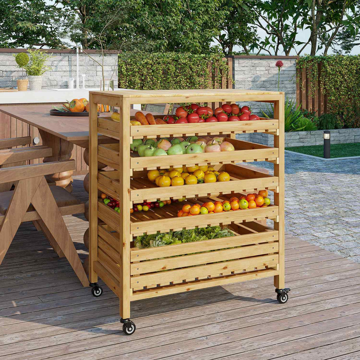 Fruit Holder With Wheels Vegetable Rack With 5 Shelves Fruit Basket Stand Vegetable Storage Trolley Up To 20Kg Natural Fir Wood