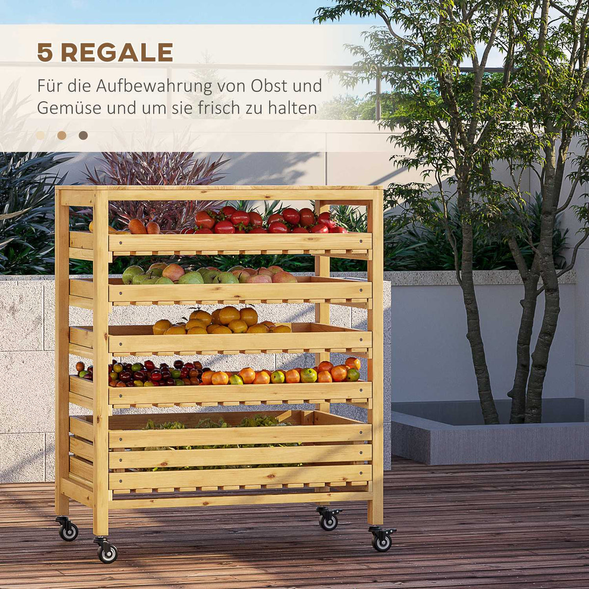 Fruit Holder With Wheels Vegetable Rack With 5 Shelves Fruit Basket Stand Vegetable Storage Trolley Up To 20Kg Natural Fir Wood