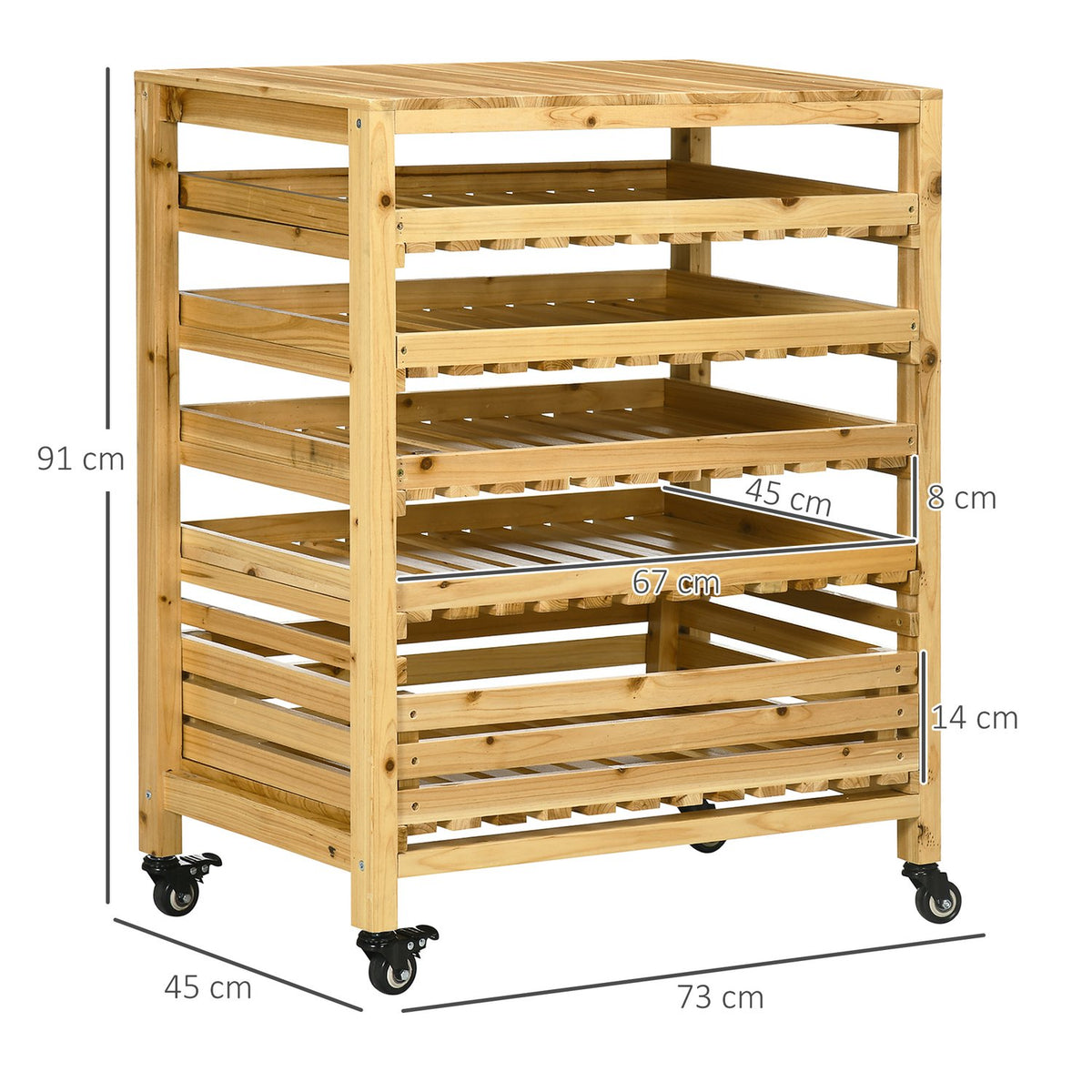 Fruit Holder With Wheels Vegetable Rack With 5 Shelves Fruit Basket Stand Vegetable Storage Trolley Up To 20Kg Natural Fir Wood