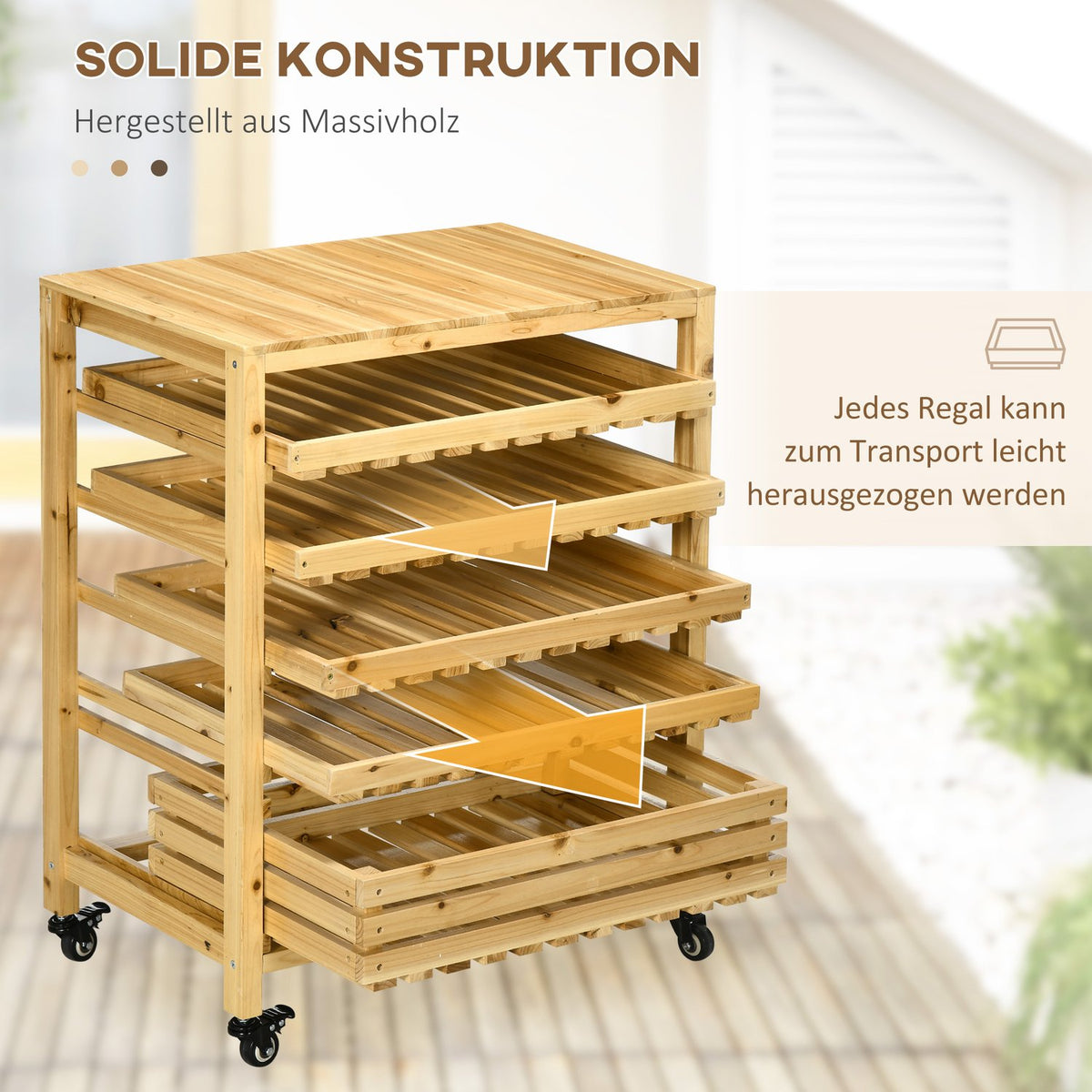 Fruit Holder With Wheels Vegetable Rack With 5 Shelves Fruit Basket Stand Vegetable Storage Trolley Up To 20Kg Natural Fir Wood