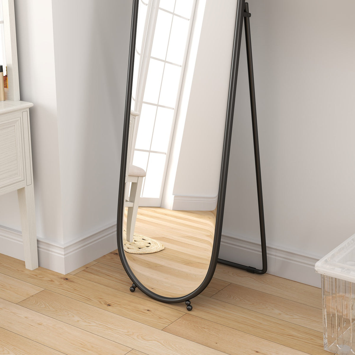 Full Length Mirror, 160 x 40 cm Wall Mirror with Stand, Metal Frame, Oval Standing Mirror for Living Room, Bedroom, Black |