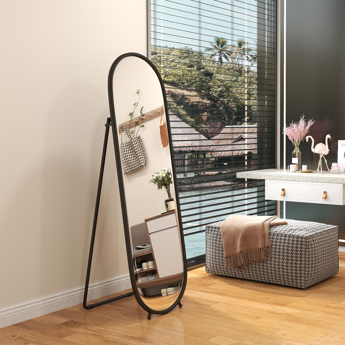 Full Length Mirror, 160 x 40 cm Wall Mirror with Stand, Metal Frame, Oval Standing Mirror for Living Room, Bedroom, Black |